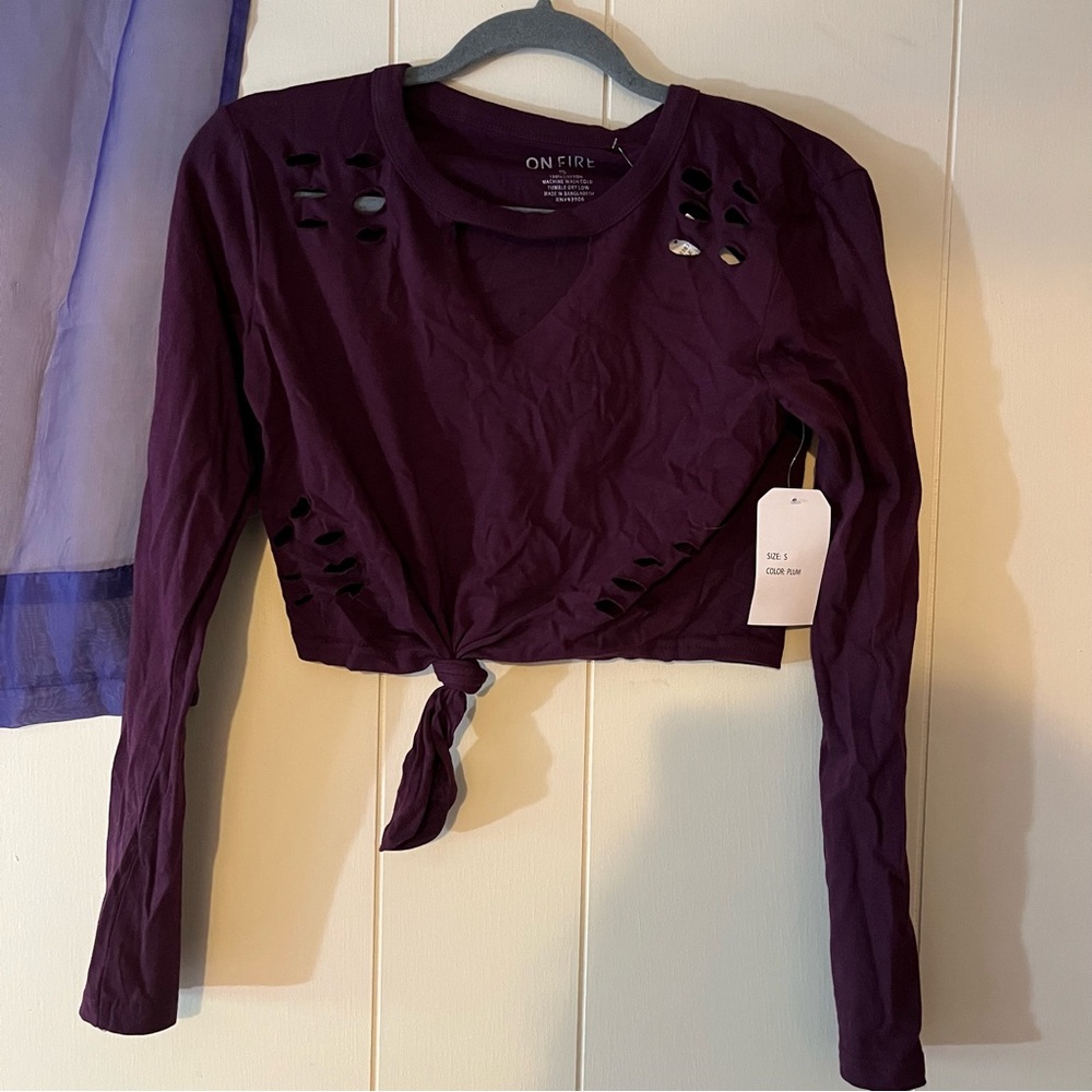 On Fire Red Crop Top with Tie Front and Long Sleeves